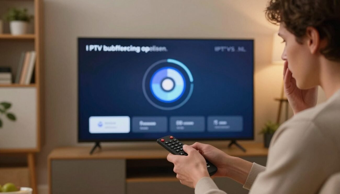 A close-up of a modern living room featuring a stylish Smart TV displaying a spinning buffering icon, symbolizing "IPTV buffering oplossen." In the foreground, a professional-looking person dressed in smart casual attire expresses concern while holding a remote control. In the middle, the sleek Smart TV is prominently displayed with a visible IPTVS.NL interface. In the background, soft ambient lighting enhances the cozy atmosphere, with bookshelves and comfortable furniture suggesting relaxation. The scene is illuminated with warm light to convey a sense of urgency and focus while solving technical issues. A clean and uncluttered composition ensures clear visibility of the buffering icon and the calm, yet determined expression on the person's face.