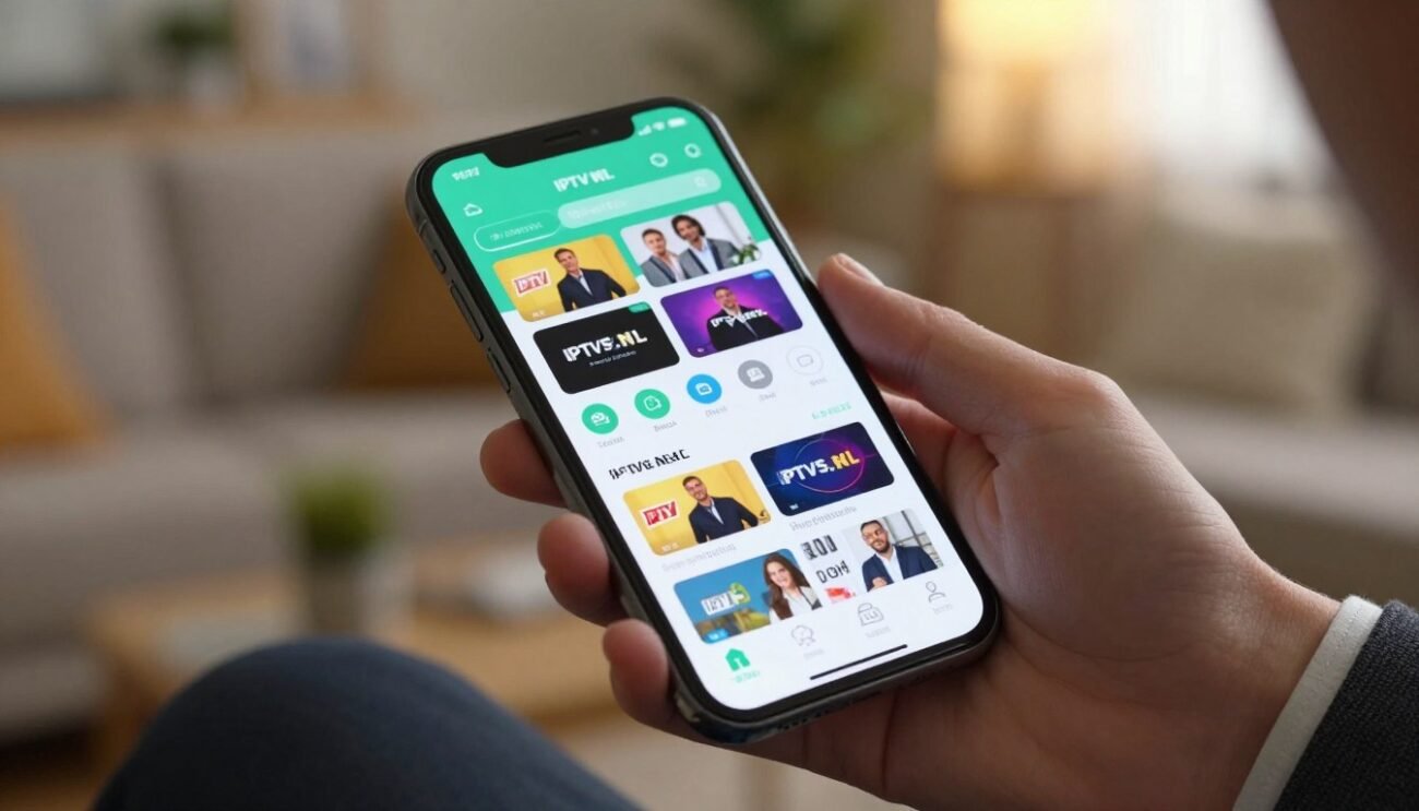 A close-up of an iPhone displaying the IPTVS.NL app interface, showcasing modern design elements with vibrant colors. The foreground features the iPhone held by a hand in a professional business attire, emphasizing the ease of use of the app. In the middle, the screen of the iPhone is bright, highlighting various IPTV channels and user-friendly navigation buttons. The background displays a softly blurred, cozy living room setting with warm lighting, creating a relaxed atmosphere. Use a shallow depth of field to focus on the iPhone while the background remains slightly out of focus. Aim for a contemporary and inviting mood, representing a seamless integration of technology into daily life.