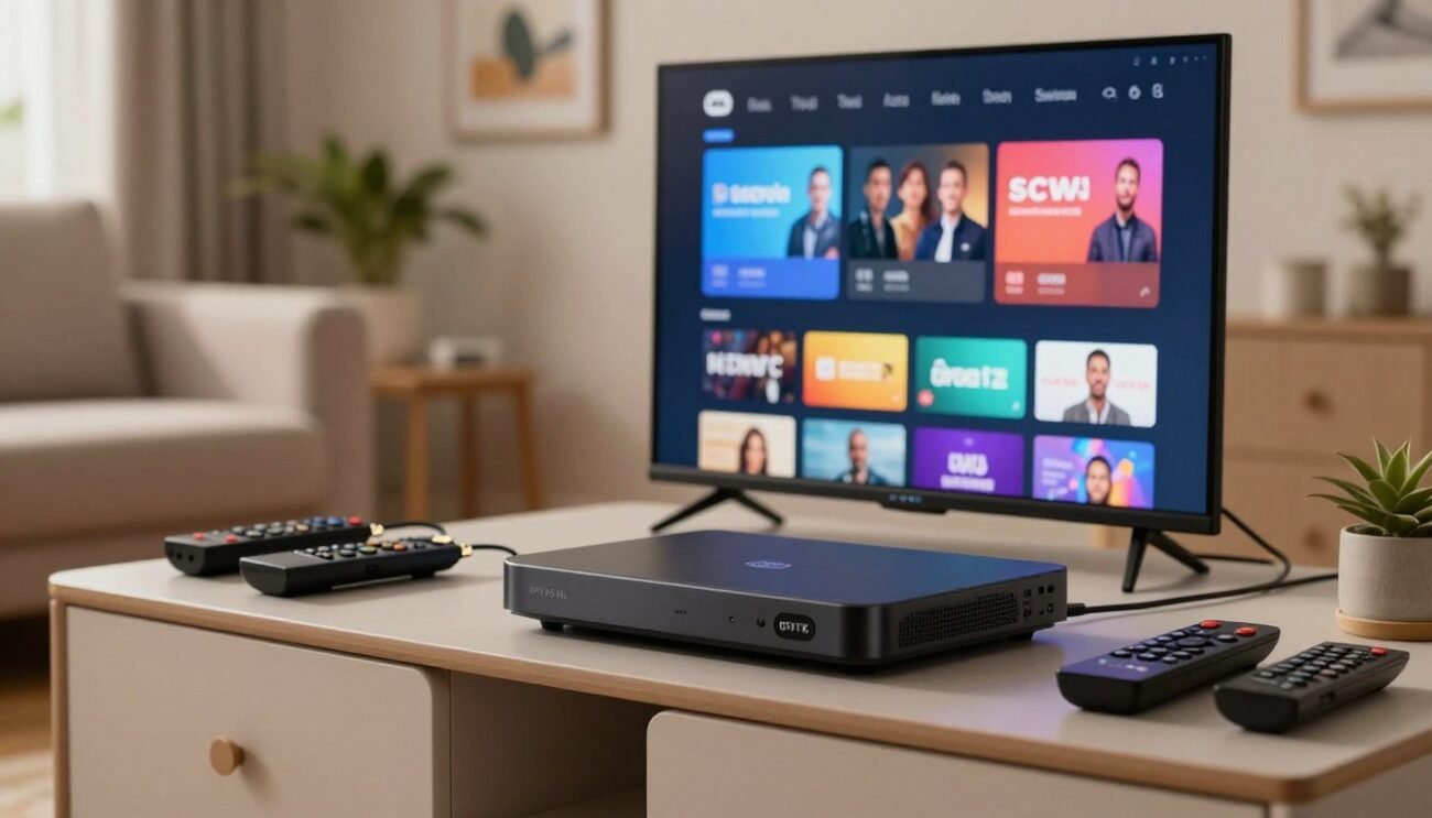 A detailed close-up of a cozy living room setting, focusing on a modern IPTV MAG device prominently displayed on a sleek entertainment center. Surrounding the device, display an assortment of remotes, HDMI cables, and a digital screen showcasing an IPTV interface with various streaming options, glowing softly. In the background, a plush sofa and decorative elements like a potted plant and wall art create a welcoming atmosphere. Soft, warm lighting illuminates the scene, enhancing the inviting feel. The color palette includes neutral tones with pops of vibrant colors from the screen. Include the brand name "IPTVS.NL" subtly on the device. The overall mood is professional yet relaxed, suggesting ease of use for viewers setting up their IPTV services.