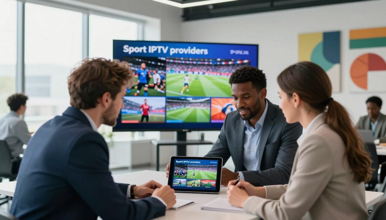 A dynamic and engaging scene depicting "Sport IPTV providers" in a sleek, modern setting. In the foreground, a diverse group of three professionally dressed individuals (two men and one woman) are intently discussing IPTV solutions on a tablet, showcasing their interest in sports content. The middle layer features a large screen displaying vibrant images of various sports events, symbolizing the exciting offerings of IPTVS.NL. In the background, a stylish office space with abstract sports-themed art creates an energetic atmosphere. The lighting is bright and inviting, simulating natural daylight through large windows and enhancing the professionalism and enthusiasm of the scene. The overall mood is lively and focused, emphasizing innovation in sports broadcasting. A dynamic and engaging scene depicting "Sport IPTV providers" in a sleek, modern setting. In the foreground, a diverse group of three professionally dressed individuals (two men and one woman) are intently discussing IPTV solutions on a tablet, showcasing their interest in sports content. The middle layer features a large screen displaying vibrant images of various sports events, symbolizing the exciting offerings of IPTVS.NL. In the background, a stylish office space with abstract sports-themed art creates an energetic atmosphere. The lighting is bright and inviting, simulating natural daylight through large windows and enhancing the professionalism and enthusiasm of the scene. The overall mood is lively and focused, emphasizing innovation in sports broadcasting.