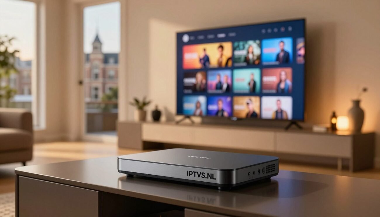 A modern IPTV box branded "IPTVS.NL" prominently displayed in a sleek, contemporary living room setting located in Den Haag. In the foreground, the IPTV box is positioned on a stylish media stand with subtle reflections on its surface, under warm ambient lighting that creates a cozy atmosphere. The middle ground features a large flat-screen TV mounted on the wall, displaying a vibrant streaming interface with various channel options, hinting at entertainment diversity. In the background, large windows allow soft daylight to filter in, revealing a glimpse of Den Haag's iconic architecture. The angle captures the inviting essence of home entertainment while demonstrating the modernity and functionality of IPTV services in the city. The overall mood is warm and engaging, perfect for an article about streaming entertainment options. A modern IPTV box branded "IPTVS.NL" prominently displayed in a sleek, contemporary living room setting located in Den Haag. In the foreground, the IPTV box is positioned on a stylish media stand with subtle reflections on its surface, under warm ambient lighting that creates a cozy atmosphere. The middle ground features a large flat-screen TV mounted on the wall, displaying a vibrant streaming interface with various channel options, hinting at entertainment diversity. In the background, large windows allow soft daylight to filter in, revealing a glimpse of Den Haag's iconic architecture. The angle captures the inviting essence of home entertainment while demonstrating the modernity and functionality of IPTV services in the city. The overall mood is warm and engaging, perfect for an article about streaming entertainment options.