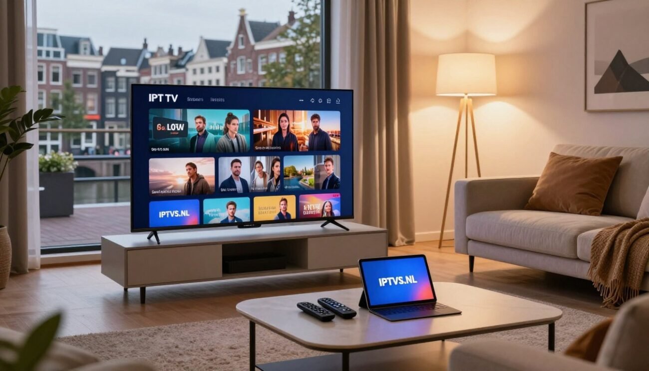 A modern living room equipped for optimal IPTV viewing, featuring a sleek 65-inch smart TV displaying vibrant streaming content. In the foreground, a stylish coffee table with remote controls and a tablet showcasing the logo "IPTVS.NL". The middle ground includes a cozy sofa with plush cushions, perfect for family viewing. Soft, warm lighting from a stylish floor lamp casts a comforting glow, while a large window in the background reveals a serene urban landscape of the Netherlands, with typical Dutch architecture. The atmosphere is inviting and relaxed, ideal for enjoying IPTV. The scene is shot from a slightly elevated angle to emphasize the setup, with a focus on the technology and ambiance.