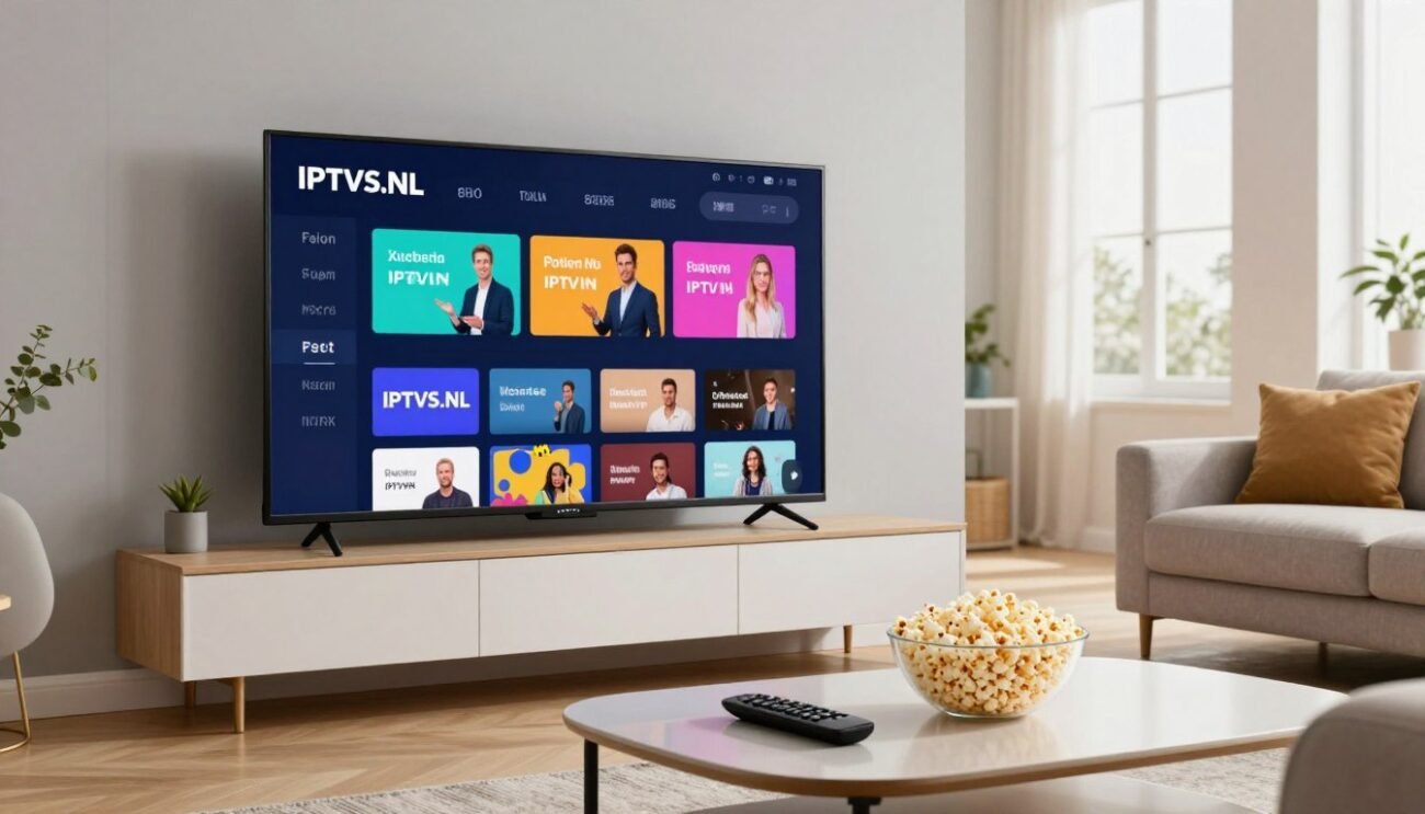 A modern living room featuring a sleek Smart TV displaying the IPTVS.NL interface. In the foreground, a stylish coffee table with a remote control and a bowl of popcorn, indicating a cozy viewing setup. The middle ground showcases the Smart TV mounted on a light-grey wall, with vivid colors on the screen representing IPTV content. The background includes a comfortable couch and a large window letting in soft, natural light, creating a warm atmosphere. The mood is inviting and relaxed, perfect for family entertainment. Lighting is bright and evenly distributed, enhancing the colors of the IPTV interface. Overall, the image captures the essence of enjoying IPTV on a Smart TV in a contemporary Dutch home.