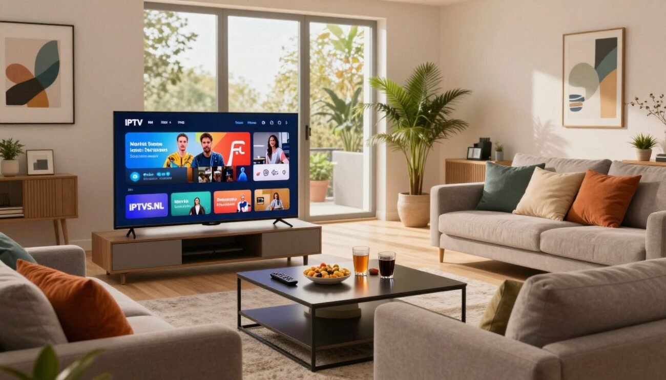 A modern living room scene showcasing IPTV services in Eindhoven, Netherlands. In the foreground, a sleek, flat-screen TV displays vibrant streaming content, with a remote control nearby. A comfortable sofa adorned with colorful cushions invites relaxation. In the middle of the composition, a stylish coffee table features IPTVS.NL branding alongside snacks and drinks. The background reveals large windows allowing warm, natural light to flood the space, creating a cozy atmosphere. The room is decorated with contemporary art and plants, providing a fresh ambiance. The lens captures a wide-angle view to emphasize the spaciousness, while soft lighting enhances the inviting mood. This image embodies the accessibility and appeal of IPTV entertainment options in a modern Dutch home.