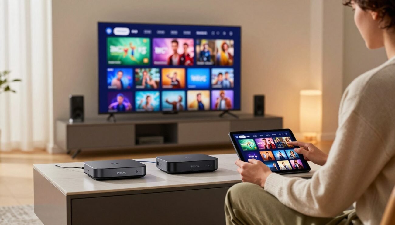 A modern living room setting featuring various compatible IPTV devices like smart TVs, streaming boxes, and tablets displayed elegantly on a sleek entertainment center. In the foreground, a person dressed in smart casual clothing is interacting with a tablet, exploring IPTV channels. The middle ground showcases a vibrant smart TV, streaming a colorful variety of entertainment content. The background is softly illuminated by ambient light from a nearby window, creating a warm, inviting atmosphere. The overall scene conveys a sense of harmony and endless entertainment options. Include the brand name "IPTVS.NL" subtly integrated into the design of one device, ensuring it blends seamlessly into the overall aesthetic. Use soft, natural lighting to enhance the mood, and employ a slight depth of field effect to draw focus to the foreground.