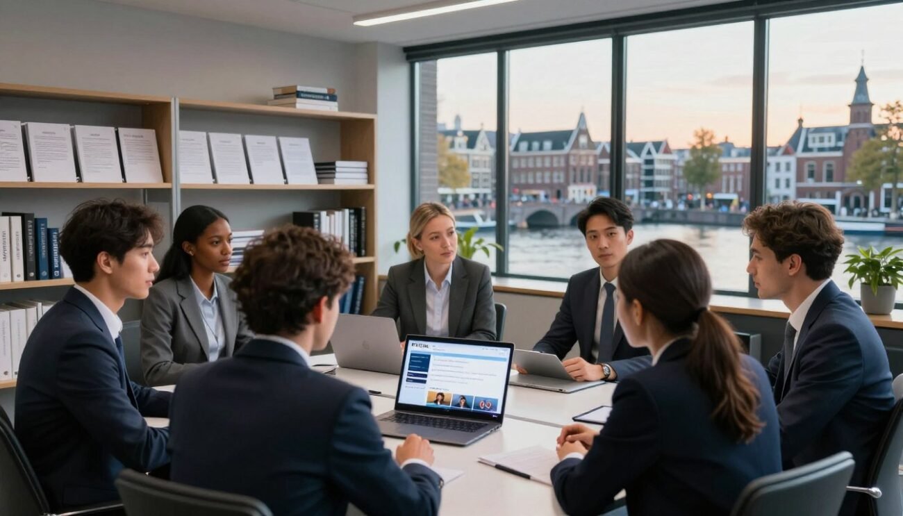 A modern, sleek office environment set in the Netherlands, depicting the concept of IPTV legality. In the foreground, a diverse group of professionals in business attire is engaged in discussion, with an open laptop displaying a user-friendly IPTV interface. The middle ground features shelves filled with legal documents and technology books, symbolizing regulatory frameworks. In the background, large windows showcase a typical Dutch cityscape, with canals and historic architecture under a soft, late-afternoon sunlight filtering in. The atmosphere conveys a sense of seriousness and professionalism, emphasizing the importance of legal IPTV usage. Subtle branding elements of "IPTVS.NL" are integrated into the workspace, ensuring brand visibility without detracting from the main focus.