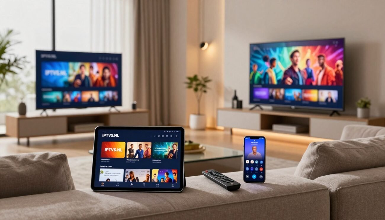 A sleek and modern living room setup, prominently featuring various devices like a smart TV, tablet, and smartphone, all showcasing the IPTVS.NL interface for seamless streaming. In the foreground, the tablet displays vibrant IPTV program options, while the TV highlights a live show in vivid colors. The middle layer reveals a cozy sofa with a remote control resting on it, adding a sense of inviting comfort. The background shows a stylish decor with soft ambient lighting, contributing to a warm atmosphere. Use a wide-angle lens to capture the entire scene, ensuring natural light filters in through a large window, emphasizing a modern yet homey feel.