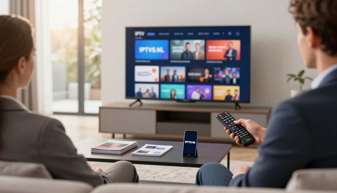 A stylish, modern living room showcasing IPTV services, featuring a sleek television displaying a variety of streaming options. In the foreground, a well-dressed individual in professional attire sits comfortably on a minimalist couch, holding a remote control. The middle layer highlights a stylish coffee table with IPTV-related brochures and a smartphone displaying the IPTVS.NL logo. The background has large windows letting in soft, warm sunlight, enhancing the inviting atmosphere. Use a shallow depth of field to create a subtle blur on the background while keeping the focus sharp on the individual and the IPTV elements. The mood is sophisticated yet approachable, conveying the theme of modern entertainment accessibility in Den Haag. A stylish, modern living room showcasing IPTV services, featuring a sleek television displaying a variety of streaming options. In the foreground, a well-dressed individual in professional attire sits comfortably on a minimalist couch, holding a remote control. The middle layer highlights a stylish coffee table with IPTV-related brochures and a smartphone displaying the IPTVS.NL logo. The background has large windows letting in soft, warm sunlight, enhancing the inviting atmosphere. Use a shallow depth of field to create a subtle blur on the background while keeping the focus sharp on the individual and the IPTV elements. The mood is sophisticated yet approachable, conveying the theme of modern entertainment accessibility in Den Haag.