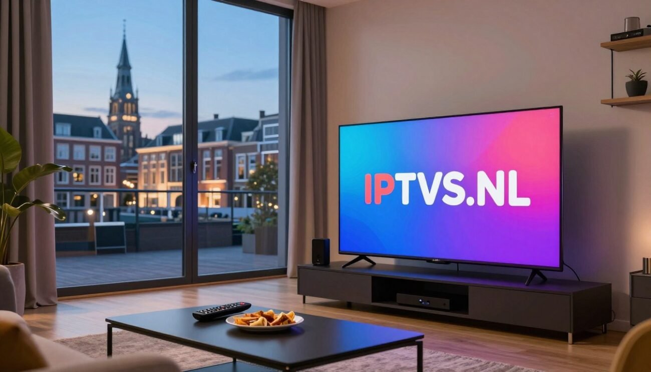 A vibrant, bustling urban scene in Eindhoven showcasing IPTV channels. In the foreground, a sleek, modern living room with a stylish television displaying the logo of "IPTVS.NL" in vibrant colors. On the coffee table, a remote control and snack are placed, suggesting a cozy viewing experience. In the middle ground, large windows reveal a picturesque view of Eindhoven's architecture, with digital streaming devices visibly connected to the TV. The background features a clear blue sky and the silhouette of iconic Eindhoven buildings. Soft, warm lighting fills the room, creating an inviting atmosphere. The image aims for a contemporary and engaging feel, conveying the concept of endless entertainment through IPTV.