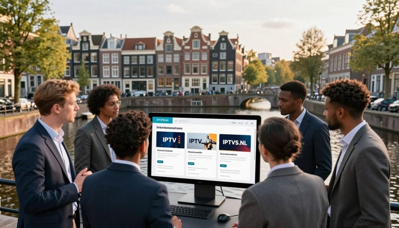A vibrant cityscape of Amsterdam, showcasing iconic canals and historic architecture in the background, bathed in the warm glow of late afternoon sunlight. In the foreground, a group of diverse professionals in business attire are gathered around a sleek touchscreen display, analyzing IPTV offerings. They are intently discussing various IPTV providers, highlighting their features and benefits. The atmosphere is dynamic and collaborative, representing the innovation in the entertainment industry. The display prominently features the brand name "IPTVS.NL". The image captures a sense of excitement about digital entertainment options. Use a wide-angle lens to accentuate the surroundings and create a sense of depth. The overall mood is professional yet energetic, ideal for an informative article.