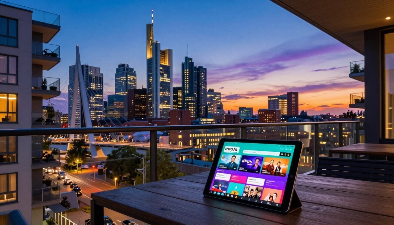 A vibrant cityscape of Rotterdam at dusk, featuring a modern apartment balcony with a stylish outdoor seating area. In the foreground, a sleek tablet displays the IPTVS.NL logo while streaming a colorful interface of entertainment options. The middle ground showcases iconic Rotterdam architecture, with lit-up skyscrapers and the famous Erasmus Bridge. The background is a picturesque view of the city's skyline against a deep blue sky transitioning to warm orange and purple hues as the sun sets. The lighting is soft, creating an inviting atmosphere. The overall mood is relaxed and cosmopolitan, capturing the essence of enjoying endless entertainment through IPTV in this dynamic city.