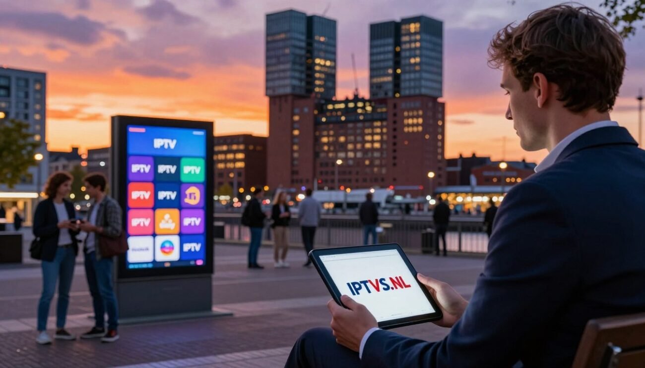 A vibrant cityscape of Rotterdam at sunset, highlighting modern architecture and urban life. In the foreground, a professional-looking person, dressed in business attire, sits with a tablet displaying the IPTVS.NL logo, symbolizing the diverse IPTV offerings. The middle ground features a digital billboard showcasing popular IPTV providers in the area, illuminated with vivid colors, while groups of people engage in conversation nearby, enjoying the bustling atmosphere. The background includes iconic Rotterdam landmarks, softly illuminated, with a warm orange and purple sky reflecting the city's energy. The scene exudes a sense of excitement and innovation in entertainment options, all under dynamic, natural lighting that enhances the lively mood.