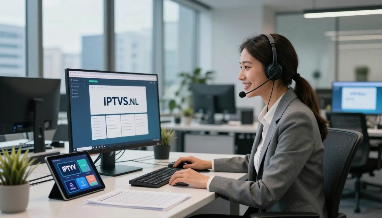 A well-organized IPTV customer service scene inside a modern office, illustrating a professional atmosphere. In the foreground, a friendly customer service representative, dressed in smart casual attire, wearing a headset while consulting a computer screen displaying IPTVS.NL. In the middle ground, a sleek desk cluttered with paperwork and a digital tablet showcasing IPTV options. Behind, large windows allowing natural light to pour in, reflecting a city skyline, adding depth to the scene. Soft, diffused lighting ensures a calm ambiance, with a focus on the representative’s approachable smile. The overall mood conveys professionalism, support, and innovation, suitable for conveying exceptional customer service in the IPTV industry. A well-organized IPTV customer service scene inside a modern office, illustrating a professional atmosphere. In the foreground, a friendly customer service representative, dressed in smart casual attire, wearing a headset while consulting a computer screen displaying IPTVS.NL. In the middle ground, a sleek desk cluttered with paperwork and a digital tablet showcasing IPTV options. Behind, large windows allowing natural light to pour in, reflecting a city skyline, adding depth to the scene. Soft, diffused lighting ensures a calm ambiance, with a focus on the representative’s approachable smile. The overall mood conveys professionalism, support, and innovation, suitable for conveying exceptional customer service in the IPTV industry.